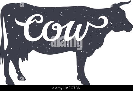 Grunge textured Cow silhouette with a calligraphic inscription "Cow". Vector illustration Stock Vector