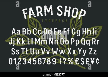 Handmade grunge typeface for authentic design concepts. Rough hand stamp textured letters, numbers and currency symbols Stock Vector