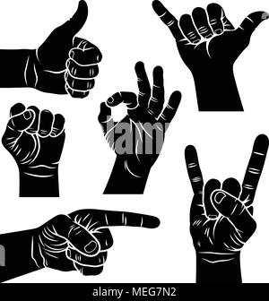 Hand gestures and signs. Shaka sign, male fist, a hand showing symbol Like, pointing hand, Rock and Roll hand sign, Ok hand sign. Vector illustration Stock Vector