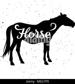 Horse silhouette with a calligraphic inscription "Horse" on a grunge background. Vector illustration Stock Vector