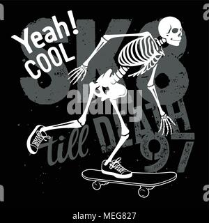 Skateboard t-shirt graphics. Skeleton riding on skateboard. Vector illustration. Skull Tee graphics Stock Vector