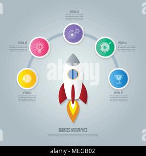 Creative concept for infographic with rocket and 5 options. Timeline infographic business design and marketing icons for presentation, annual report,  Stock Vector