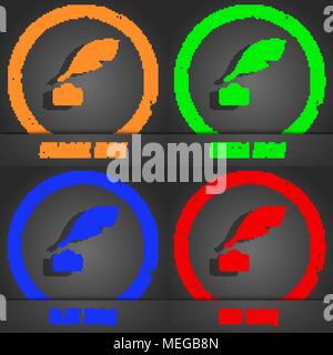 Feather, Retro pen  icon symbol. Fashionable modern style. In the orange, green, blue, green design. Vector illustration Stock Vector