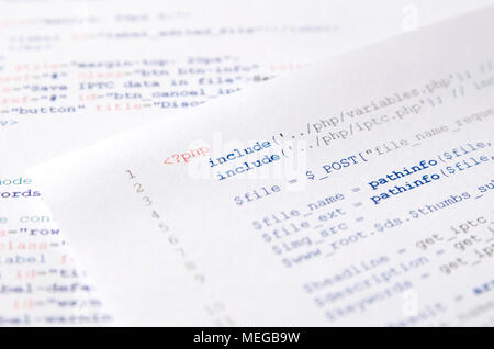 Web developer programming code. Programming, PHP printed code. Computer www script. Stock Photo
