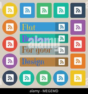 RSS feed icon sign. Set of twenty colored flat, round, square and rectangular buttons. Vector illustration Stock Vector