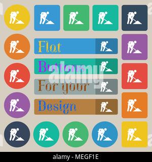repair of road, construction work icon sign. Set of twenty colored flat, round, square and rectangular buttons. Vector illustration Stock Vector