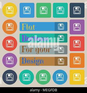 floppy disk icon sign. Set of twenty colored flat, round, square and rectangular buttons. Vector illustration Stock Vector