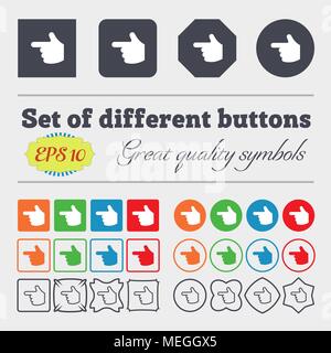 pointing hand  icon sign. Big set of colorful, diverse, high-quality buttons. Vector illustration Stock Vector