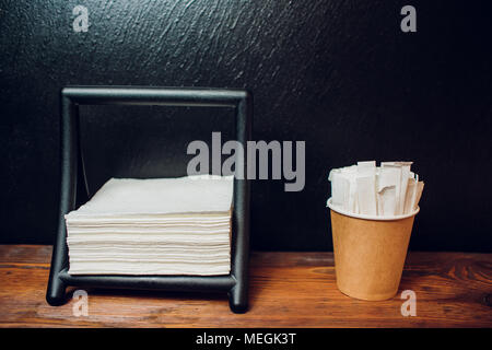 set for a table in the restaurant. Spices, napkins, toothpicks. Service in restaurant Stock Photo