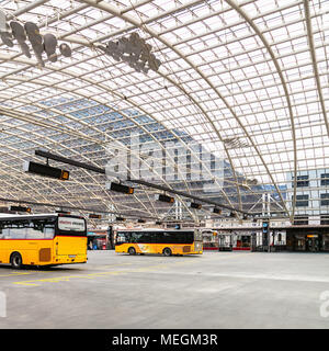 Chur, Switzerland - 3 March, 2017: Post Buses at the Chur bus station. Post Bus Switzerland (German: PostAuto Schweiz) is a subsidiary company of the  Stock Photo