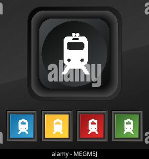 train icon symbol. Set of five colorful, stylish buttons on black texture for your design. Vector illustration Stock Vector