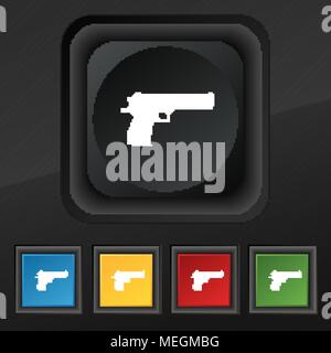 gun icon symbol. Set of five colorful, stylish buttons on black texture for your design. Vector illustration Stock Vector