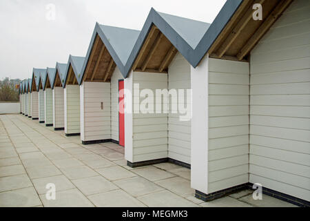 Swanage, Dorset, England, April 2018, a view of colorful beach huts