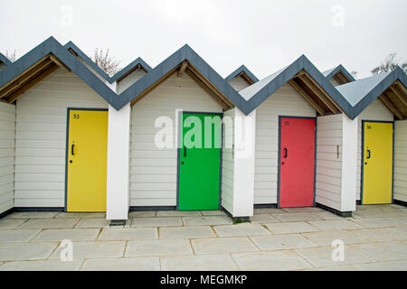 Swanage, Dorset, England, April 2018, a view of colorful beach huts