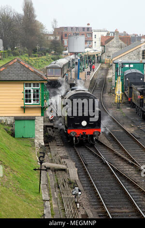 Swanage, Dorset, England, April 2018, Steam trains at the station. Stock Photo