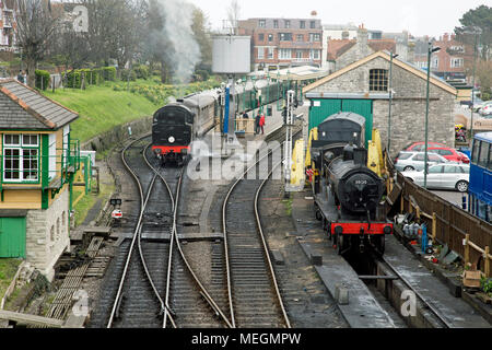 Swanage, Dorset, England, April 2018, Steam trains at the station. Stock Photo