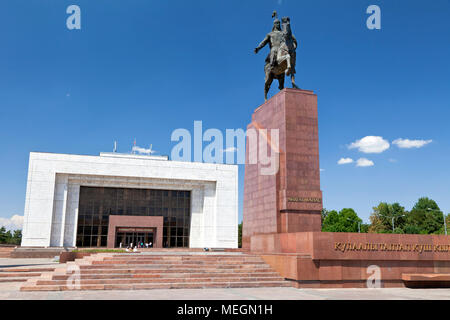 View of the building of the Kyrgyz State Historical Museum and the monument to the hero of the national epic Manas in Bishkek city, Kyrgyz Republic Stock Photo