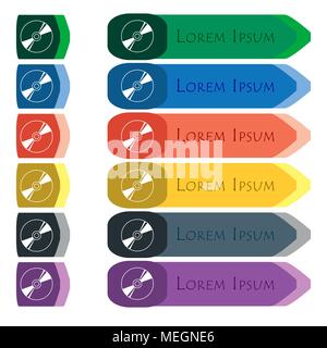 Cd, DVD, compact disk, blue ray icon sign. Set of colorful, bright long buttons with additional small modules. Flat design. Vector Stock Vector