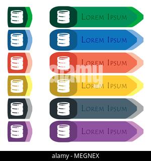hard drive date base icon sign. Set of colorful, bright long buttons with additional small modules. Flat design. Vector Stock Vector