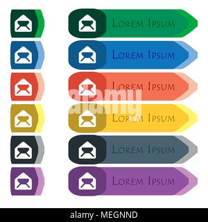 Mail, envelope, letter icon sign. Set of colorful, bright long buttons with additional small modules. Flat design. Vector Stock Vector