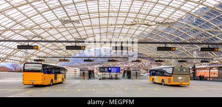 Chur, Switzerland - 3 March, 2017: Post Buses at the Chur bus station. Post Bus Switzerland (German: PostAuto Schweiz) is a subsidiary company of the  Stock Photo