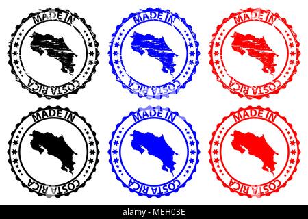 Made in Costa Rica - rubber stamp - vector, Costa Rica map pattern - black, blue and red Stock Vector