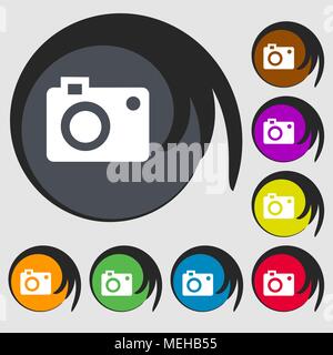 camera  icon. Symbols on eight colored buttons. Vector illustration Stock Vector