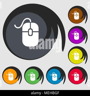 Computer mouse icon. Symbols on eight colored buttons. Vector illustration Stock Vector