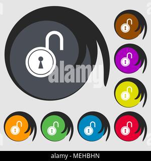 open lock icon. Symbols on eight colored buttons. Vector illustration Stock Vector
