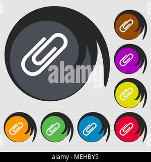 Paper clip icon. Symbols on eight colored buttons. Vector illustration Stock Vector