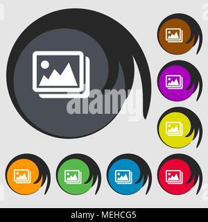 images, jpeg, photograph sign icon. Symbols on eight colored buttons. Vector illustration Stock Vector