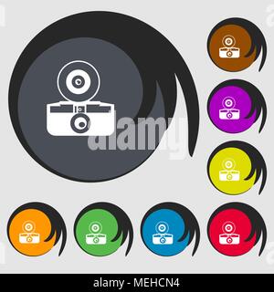 retro photo camera sign icon. Symbols on eight colored buttons. Vector illustration Stock Vector