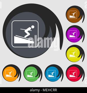 Skier sign icon. Symbols on eight colored buttons. Vector illustration Stock Vector