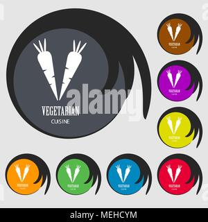 vegetarian cuisine sign icon. Symbols on eight colored buttons. Vector illustration Stock Vector