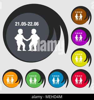 Gemini sign icon. Symbols on eight colored buttons. Vector illustration Stock Vector
