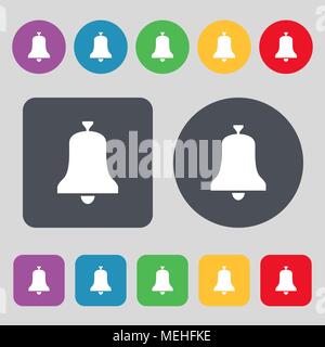 Alarm bell icon sign. A set of 12 colored buttons. Flat design. Vector illustration Stock Vector