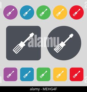 screwdriver icon sign. A set of 12 colored buttons. Flat design. Vector illustration Stock Vector