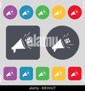 sos web speaker icon sign. A set of 12 colored buttons. Flat design. Vector illustration Stock Vector