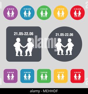 Gemini icon sign. A set of 12 colored buttons. Flat design. Vector illustration Stock Vector