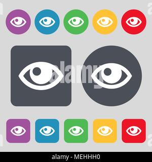 Eye icon sign. A set of 12 colored buttons. Flat design. Vector illustration Stock Vector