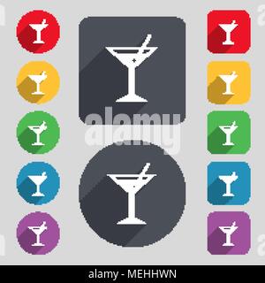 cocktail martini, Alcohol drink icon sign. A set of 12 colored buttons and a long shadow. Flat design. Vector illustration Stock Vector