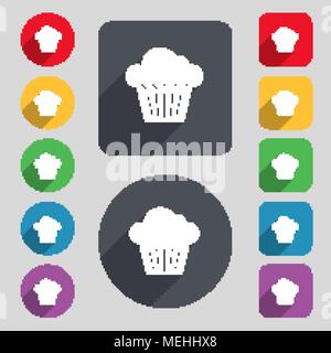 cake icon sign. A set of 12 colored buttons and a long shadow. Flat design. Vector illustration Stock Vector