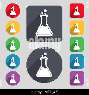 Flask  icon sign. A set of 12 colored buttons and a long shadow. Flat design. Vector illustration Stock Vector