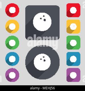 Bowling game, ball icon sign. A set of 12 colored buttons and a long shadow. Flat design. Vector illustration Stock Vector