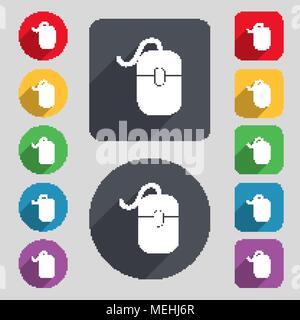 Computer mouse icon sign. A set of 12 colored buttons and a long shadow. Flat design. Vector illustration Stock Vector