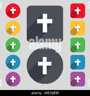 religious cross, Christian icon sign. A set of 12 colored buttons and a long shadow. Flat design. Vector illustration Stock Vector