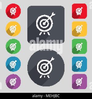Target icon sign. A set of 12 colored buttons and a long shadow. Flat design. Vector illustration Stock Vector