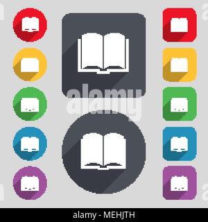 Book icon sign. A set of 12 colored buttons and a long shadow. Flat design. Vector illustration Stock Vector