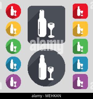 Bottle of wine and glass icon sign. A set of 12 colored buttons and a long shadow. Flat design. Vector illustration Stock Vector