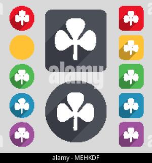 Clover icon sign. A set of 12 colored buttons and a long shadow. Flat design. Vector illustration Stock Vector